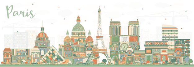 Orizzonte della città di parigi francia con edifici di colore. illustrazione di vettore. viaggi d'affari e concetto con architettura storica. paesaggio urbano di parigi con punti di riferimento.