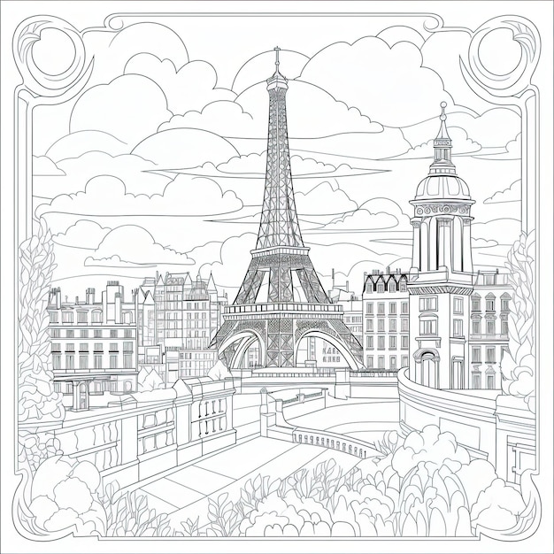 Vector paris france colouring book style