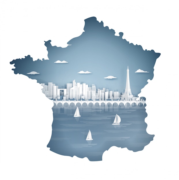 旅行はがきやポスター、パンフレット、広告のための有名なランドマークとパリ、フランス地図の概念