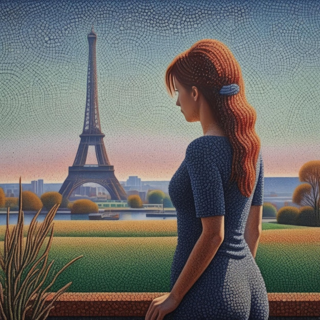 paris france may 1 1 a girl in the eiffel tower on the background of colorful sunset on t