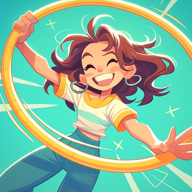 A Paris girl spins a hula hoop in cartoon style