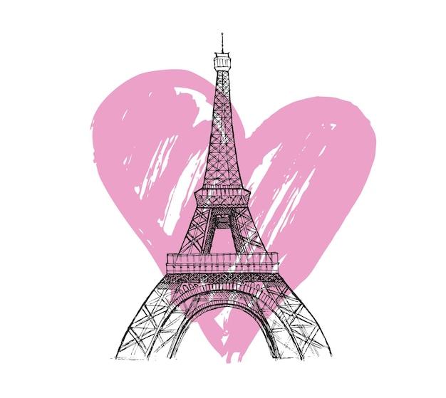 Vector paris hand drawn eiffel tower heart grunge