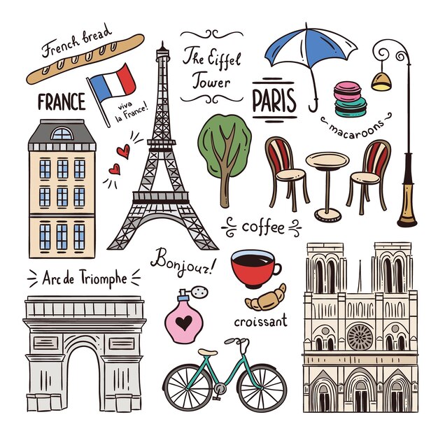 Paris hand drawn illustrations France doodle icons and symbols