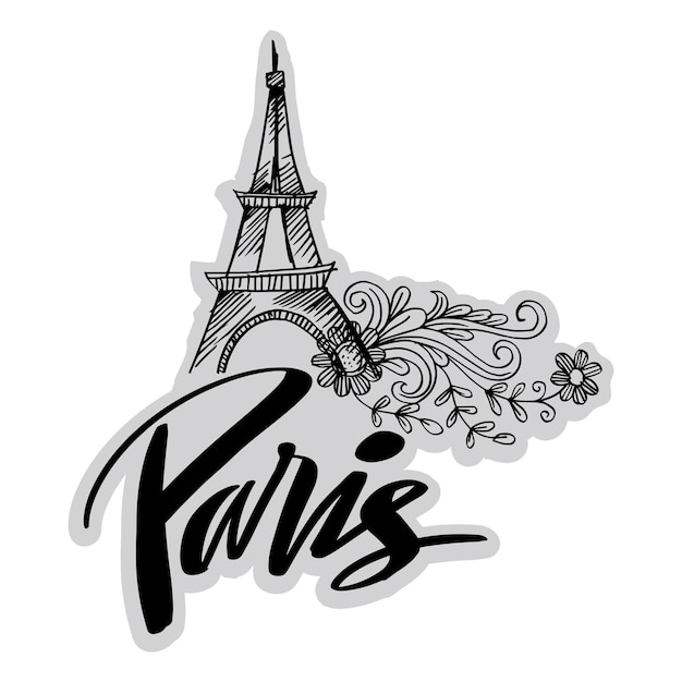 Vector paris lettering with eiffel tower hand drawn vector illustration paris travel landmark world coun