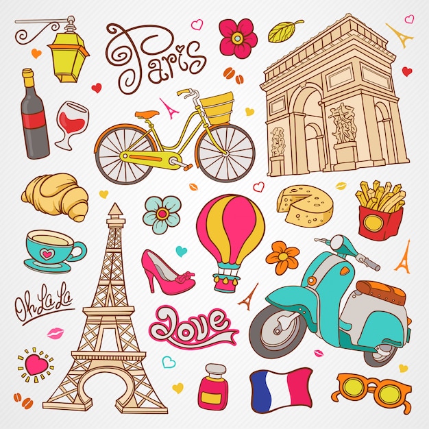 Paris sketch illustration, set of hand drawn vector doodle french elements