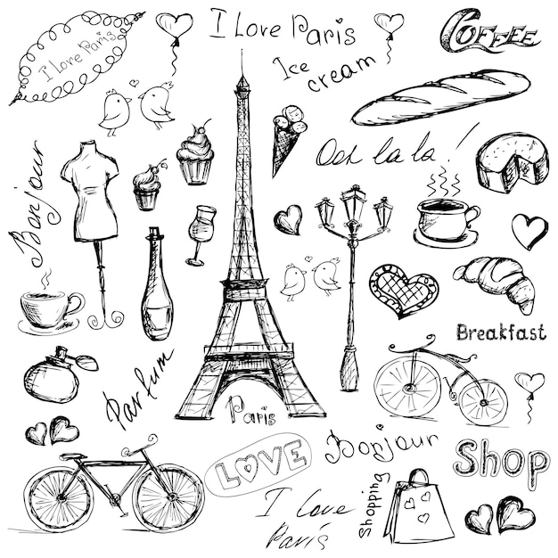 paris symbols hand drawn objects or icons on black background stock vector illustration