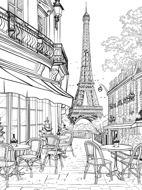 Parisian cafe coloring page with the Eiffel Tower