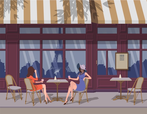 ベクトル パリのカフェ通りのテーブルでコーヒーを飲む2人の若い女の子