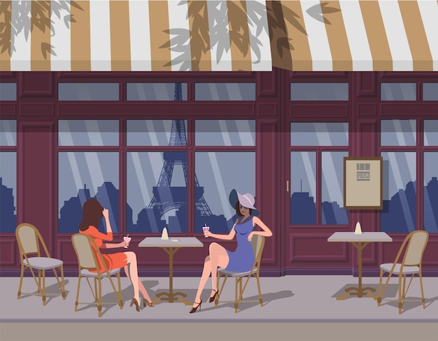 Vector parisian cafe two young girls drinking coffee at a table on the street