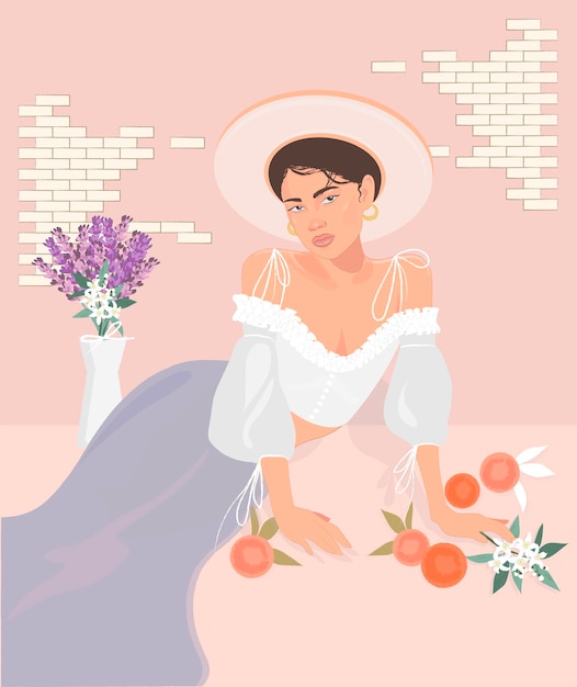 Parisian girl with oranges and levender flowers. vector illustration.