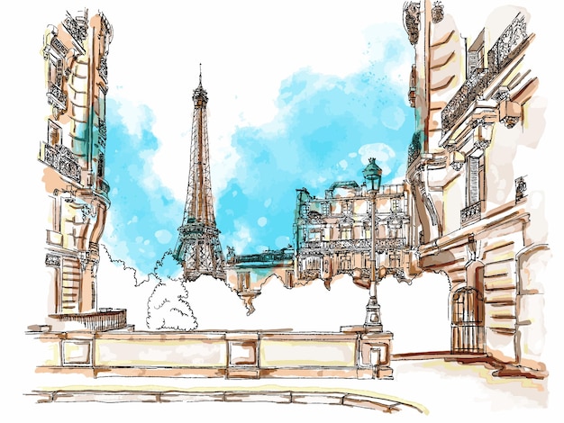 Vector parisian street simple black and white handdrawn watercolor sketch with color blots, paris, france