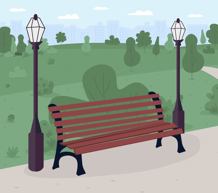 Vector park bench flat color . public place. relaxation. park and recreation ground. urban scenery. sunny day outside. 2d cartoon landscape with green scenery on background
