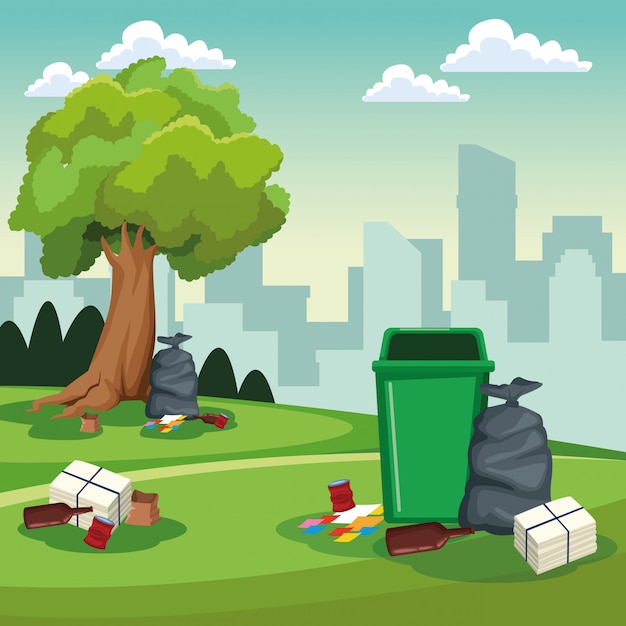 Vector park cleaning can and bags scenery