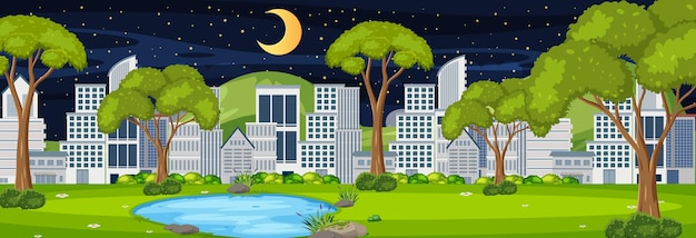 Park horizontal scene with cityscape background at night time