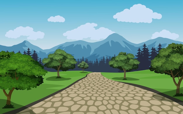 Park illustration with pathway and mountain