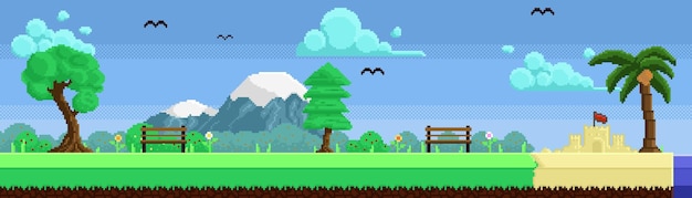 Pixel art del paesaggio del parco con montagna, cespuglio, albero e spiaggia