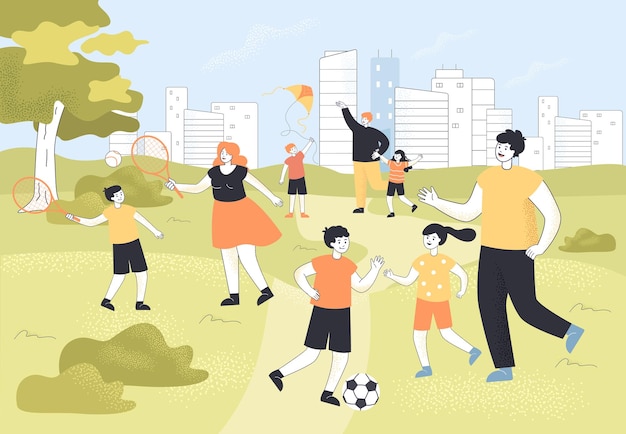 Park landscape with cartoon families spending weekend together. father and kids playing soccer, mother on walk with children flat vector illustration. active lifestyle, outdoor activities concept