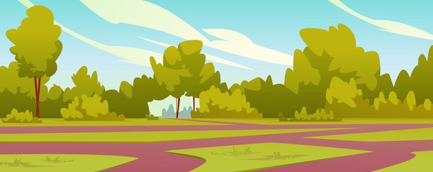 Vector park landscape with paths and trees with bushes