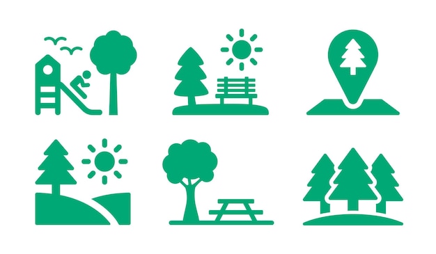Vector park met boom, bank, tafel en speeltuin met kind op dia pictogram vector set illustratie.