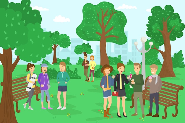 Park met tieners, vectorillustratie. platte meisje jongen karakter rust buiten in de natuur van de stad, gelukkige jonge mensen levensstijl. tiener student staat in de buurt van boom, bank, familie paar lopen samen.