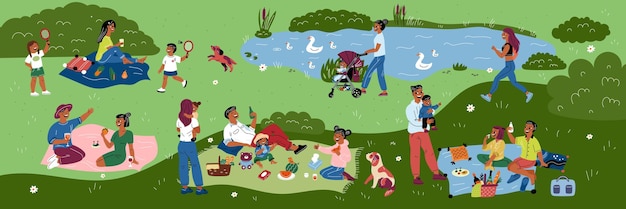 Picnic al parco persone felici con bambini sulla natura le famiglie mangiano e bevono sull'erba le mamme camminano con i bambini pranzo romantico le coppie si rilassano sulle coperte vacanze all'aperto concetto di vettore sgargiante