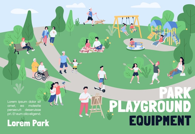 Parco giochi per bambini attrezzature banner modello piatto. brochure, poster concept design con personaggi dei cartoni animati. attività ricreative all'aperto, volantino orizzontale per picnic nel fine settimana, opuscolo con posto per il testo