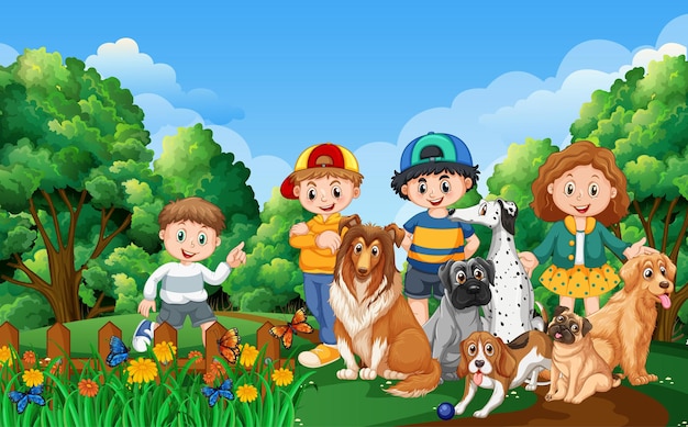 Scena del parco con bambini che giocano con i loro animali