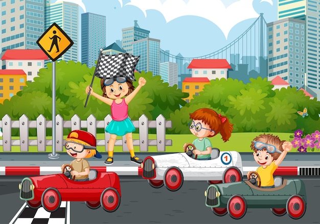 Vettore scena del parco con auto da corsa per bambini