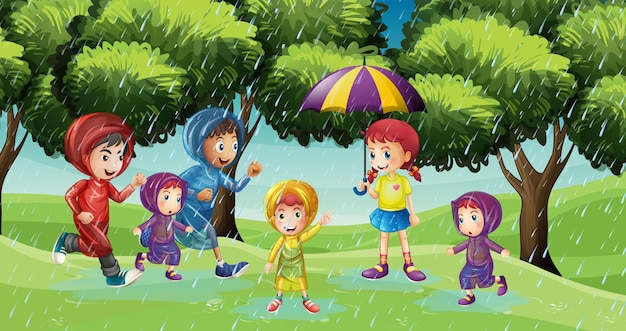 Park scene with children running in the rain