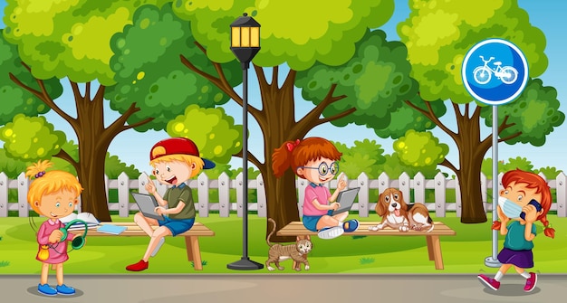 Park scene with children using technology devices