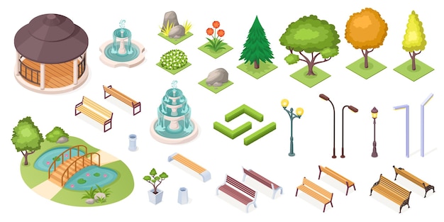 Park trees and landscape elements set, isolated isometric icons. park and garden landscaping constructor, isometric trees, ponds and benches, fountain, plants and flowers, grass and hedges