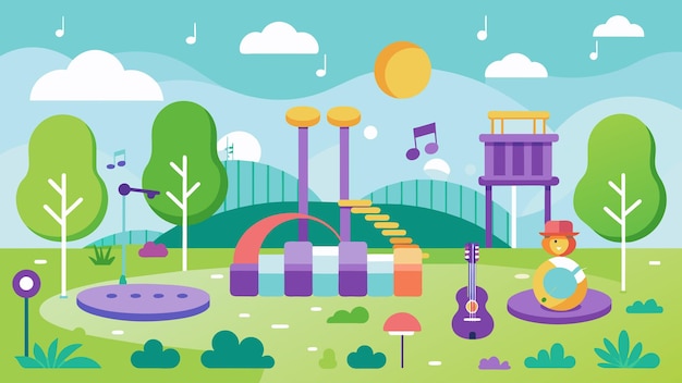 어린이 들 의 행동 에 따라 다른 곡 과 멜로디 를 연주 하는 악기 들 이 있는 공원