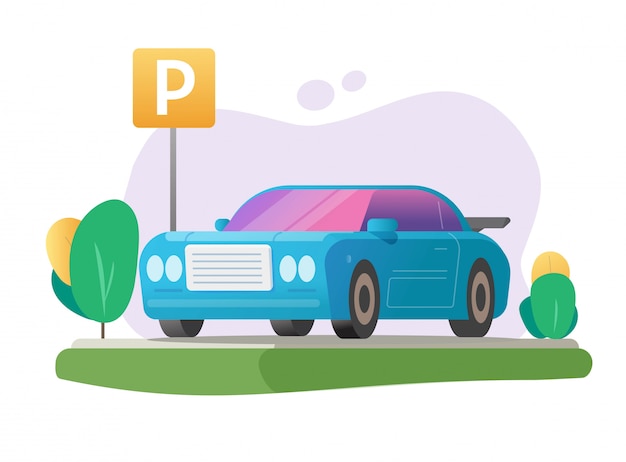 Parked car or automobile parking lot and vehicle free park area lawn grass place with road sign  illustration  cartoon