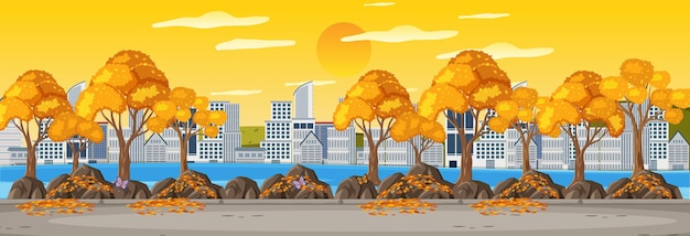 Parkeer in de herfstseizoen horizontale scène met stadsgezicht achtergrond