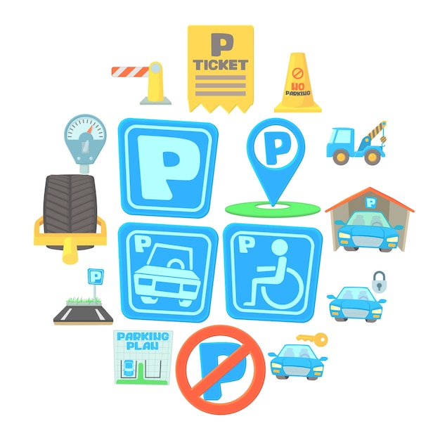 Parkeren icon set, cartoon stijl