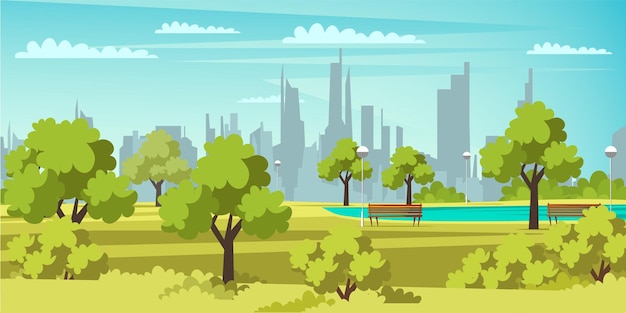 Vector parkgebied stadsplein met groene gazons meer stedelijke recreatieve zone landelijke locatie met stadsgezicht op de achtergrond