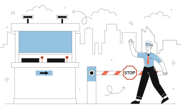 Vector parking security line concept man in uniform near barrier protection of place for cars near shopping mall young guy with stop sign urban life and infrastructure linear flat vector illustration