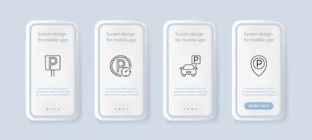 Parking set icon Car driver drivers license paid free dollar time clock ticket pass talon transport roas sign coupon Road traffic concept Ui phone app screen Neomorphism style