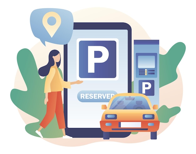 Parking smartphone app Tiny woman zoekt parkeerplaats voor park auto Openbare parkeerplaats