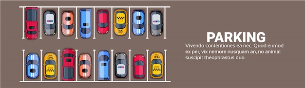 Vector parking space top view with set of colorful cars, park zone horizontal banner