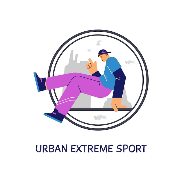 Parkour icon with teenager performing tricks in urban space flat vector illustration isolated on whi