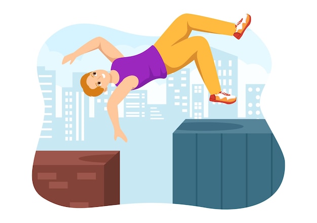 Parkour Sports with Men Jumping Over Walls and Barriers in Buildings in Flat Cartoon Illustration