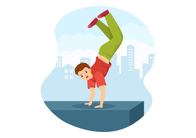 Vettore parkour sport con uomini che saltano muri e barriere negli edifici in flat cartoon illustration