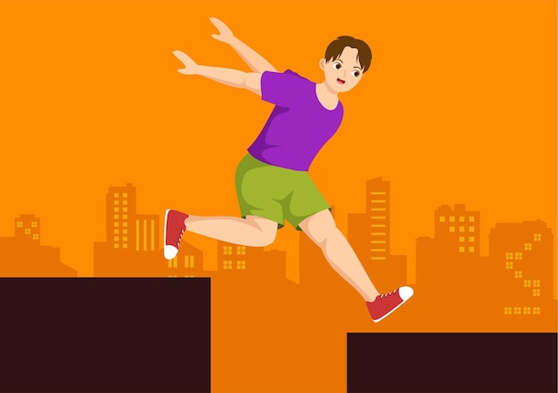 Parkour sports with men jumping over walls and barriers in buildings in flat cartoon illustration