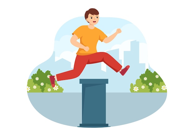 Parkour Sports with Men Jumping Over Walls and Barriers in Buildings in Flat Cartoon Illustration