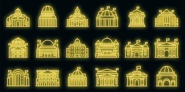Parliament icons set. Outline set of parliament vector icons neon color on black