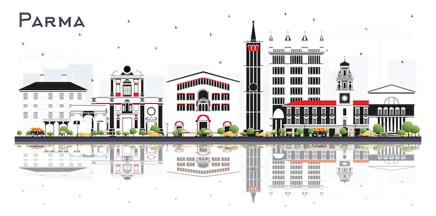 Vettore orizzonte della città di parma italia con edifici di colore e riflessi isolati su bianco