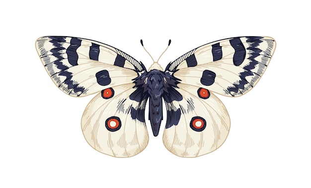 Parnassius Apollo, prachtige exotische vlindersoorten. Vliegende mot in realistische gedetailleerde stijl. Tropisch insect. Retro handgetekende vectorillustratie geïsoleerd op een witte achtergrond