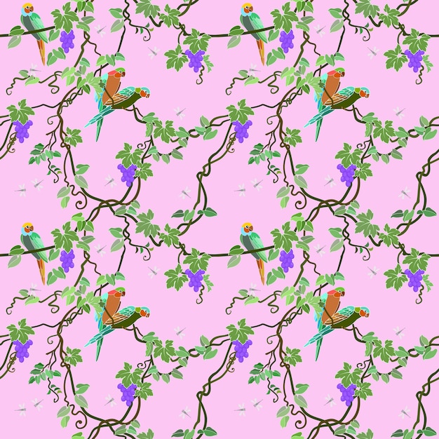 벡터 앵무새와 포도 나무 원활한 패턴