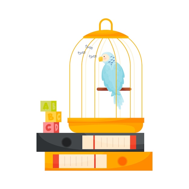 Вектор Клетка для попугая и кактус на стопке книг концепция образования концепция чтения векторная иллюстрация